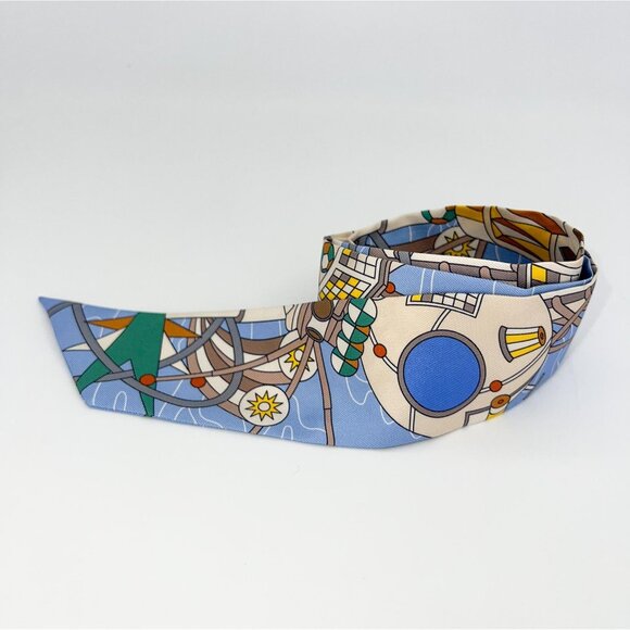 Rare Authentic Vintage HERMES Odyssey Beige Bleu Ciel&Jaune Vif 100% Silk Twilly - Picture 4 of 8